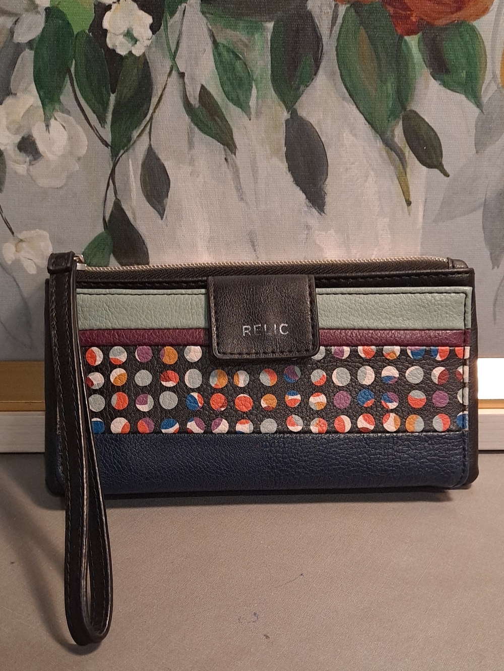 Relic By Fossil Navy, Brown and Mint Polka Dot Wristlet Foldover Compact Wallet